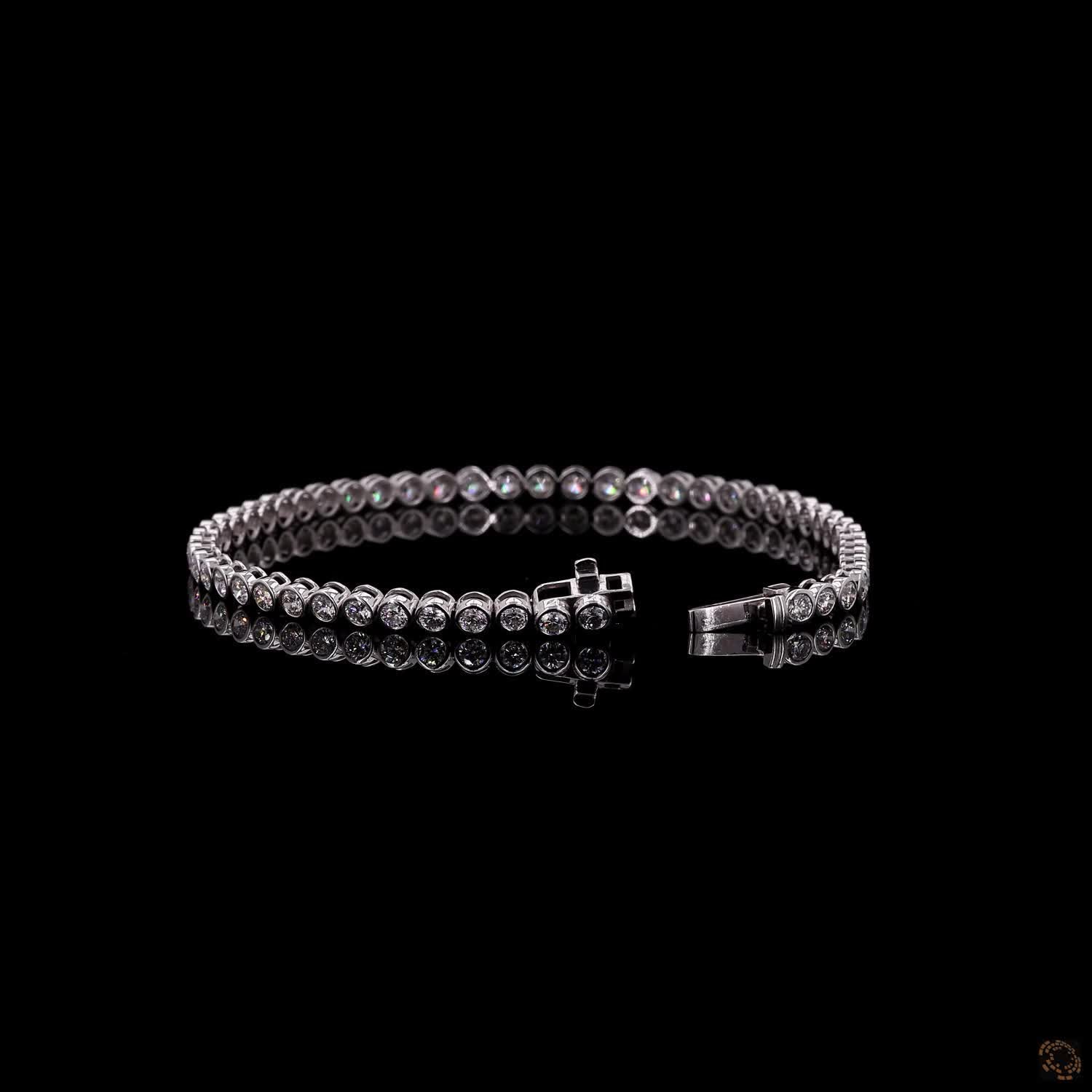3.46 Ct 14K White Gold Round Cut Bezel Set Moissanite Tennis Bracelet with Double Latch Box Clasp