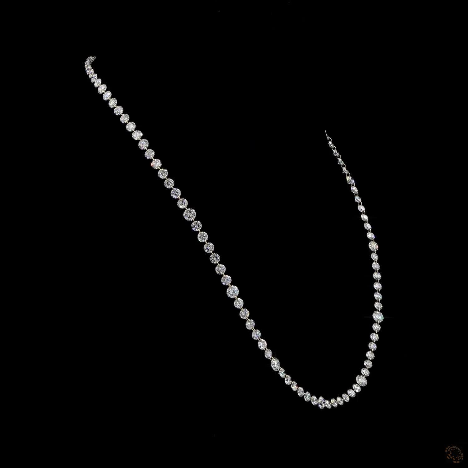 22.87 Ct graduated diamond tennis necklace, round brilliant diamond Riviera necklace, classic diamond choker, floating diamond strand, yellow gold prong-set diamond necklace