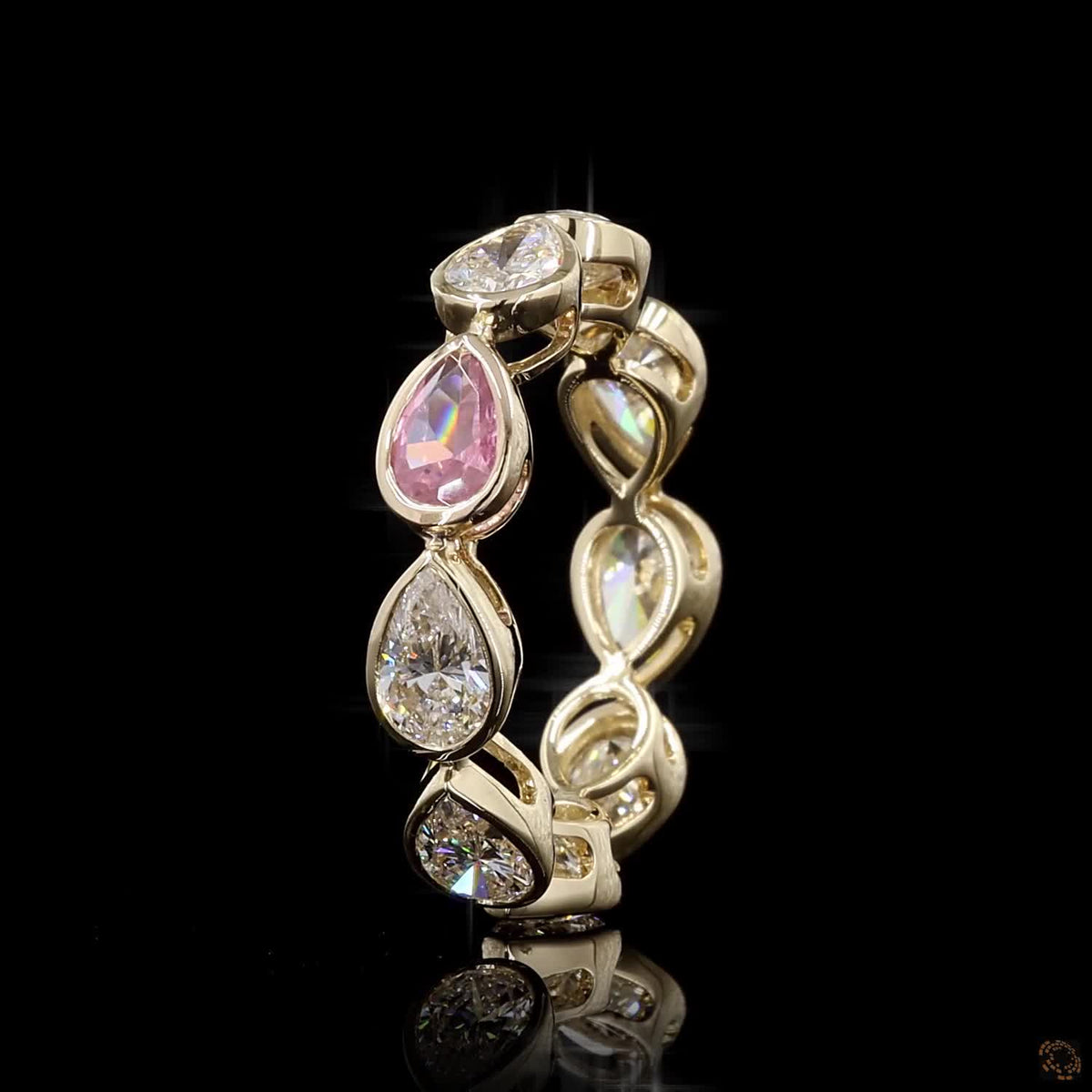 2.48 Ct Pear Diamond Bezel Eternity Band | Gold East-West Diamond & Pink Sapphire Ring