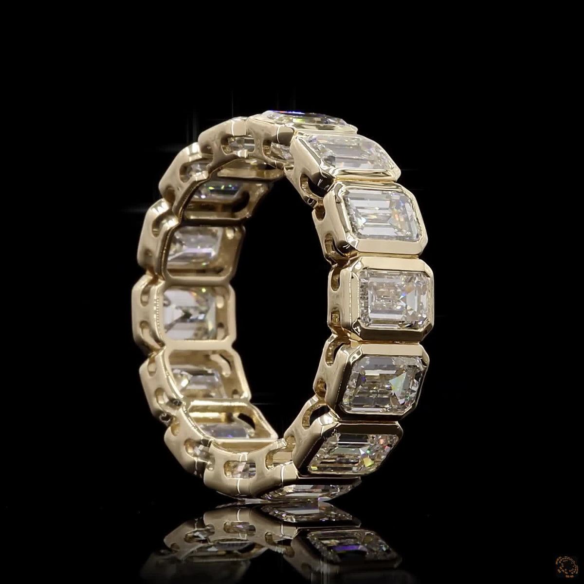 6.97 Ct Bezel-Set Emerald Cut Diamond Eternity Ring in Yellow Gold