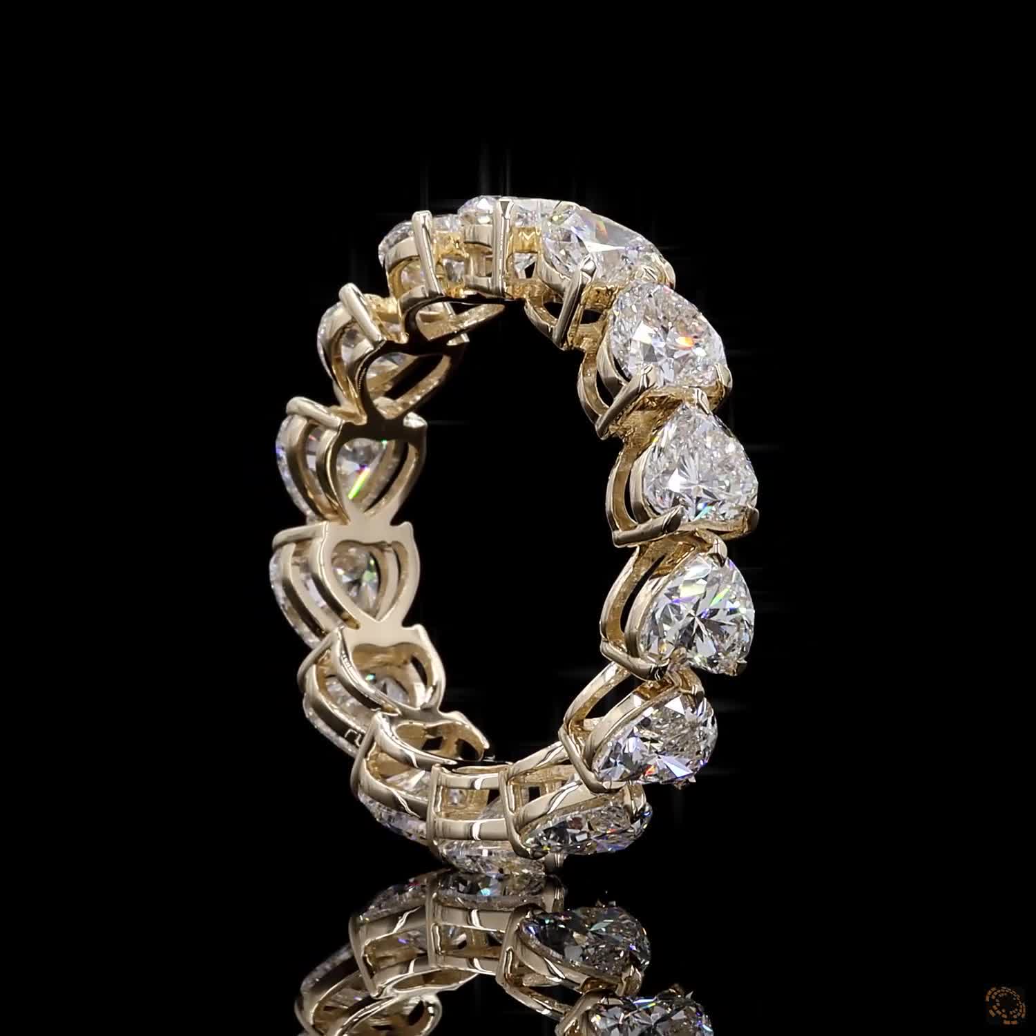 5.44 Ct Full eternity band featuring a continuous row of horizontally aligned east-west oriented heart-cut diamonds seamless set end-to-end around the entire band