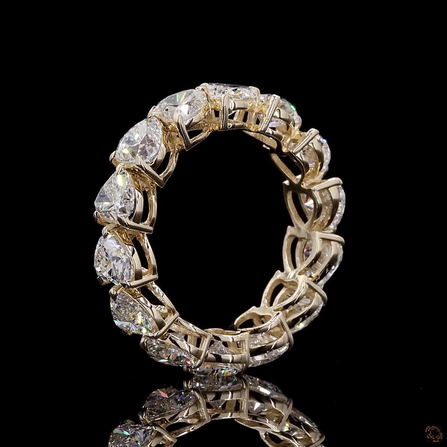5.44 Ct Full eternity band featuring a continuous row of horizontally aligned east-west oriented heart-cut diamonds seamless set end-to-end around the entire band