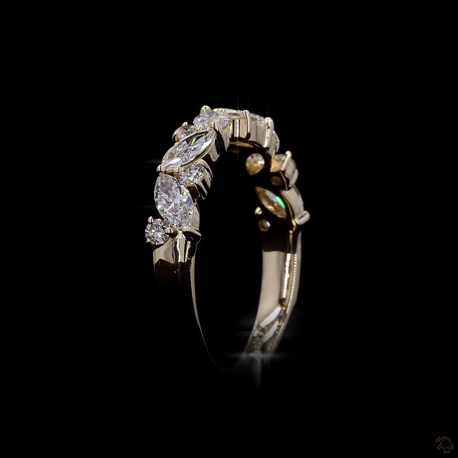 0.86 Ct 14K Yellow Gold Marquise & Round Diamond Vine Band | Leaf Cluster Wedding Ring