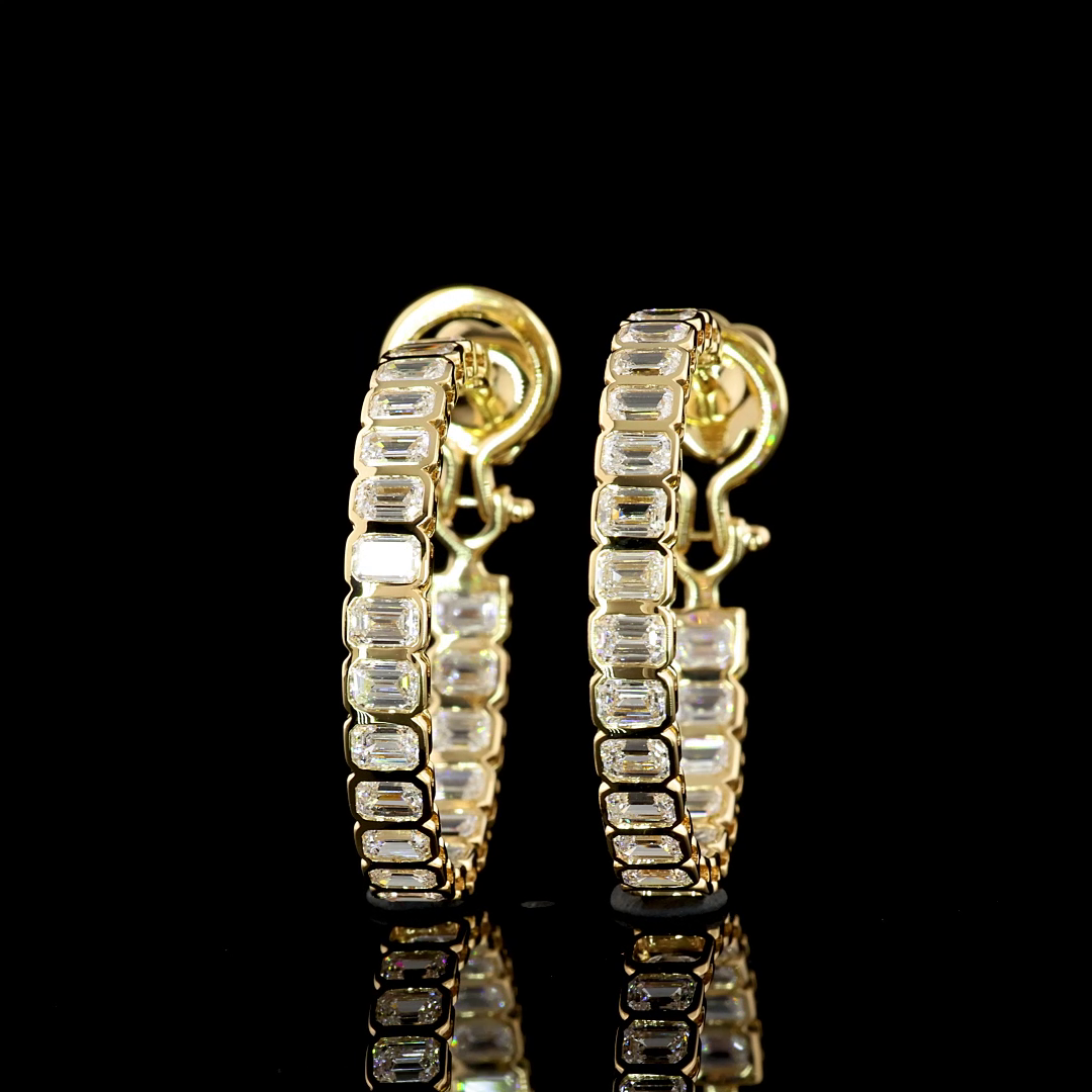 3.99 Cts 14K YELLOW GOLD Emerald Shape Omega Hoops Earring