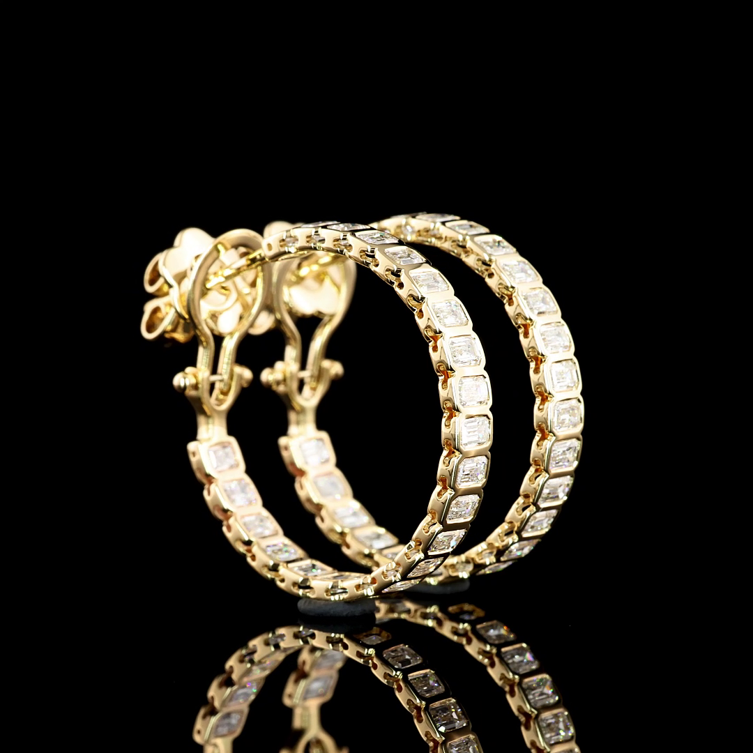 2.57 Cts 14K YELLOW GOLD Emerald Shape Omega Hoops Earring