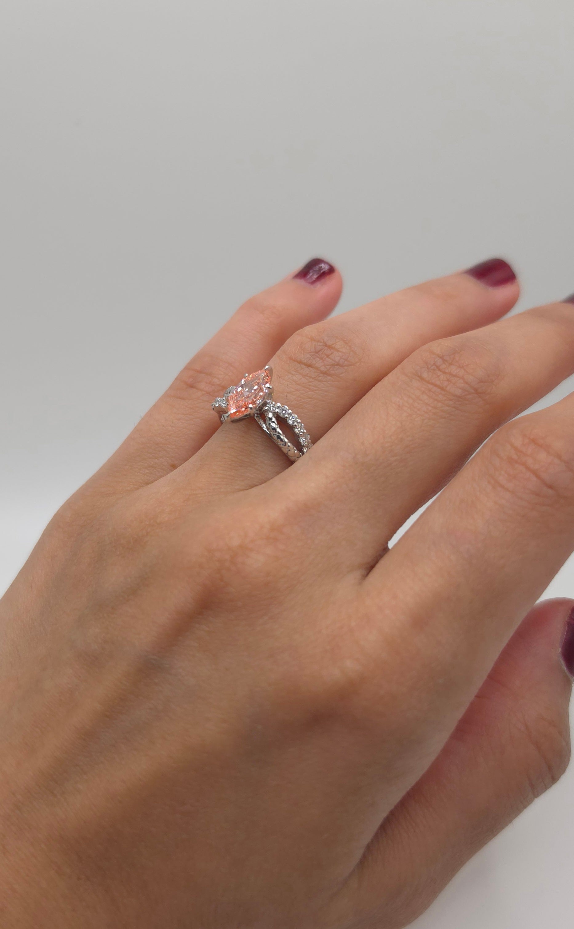 1.23 Ct Peach Pink Marquise Lab Diamond Engagement Ring with Twisted Pavé Band
