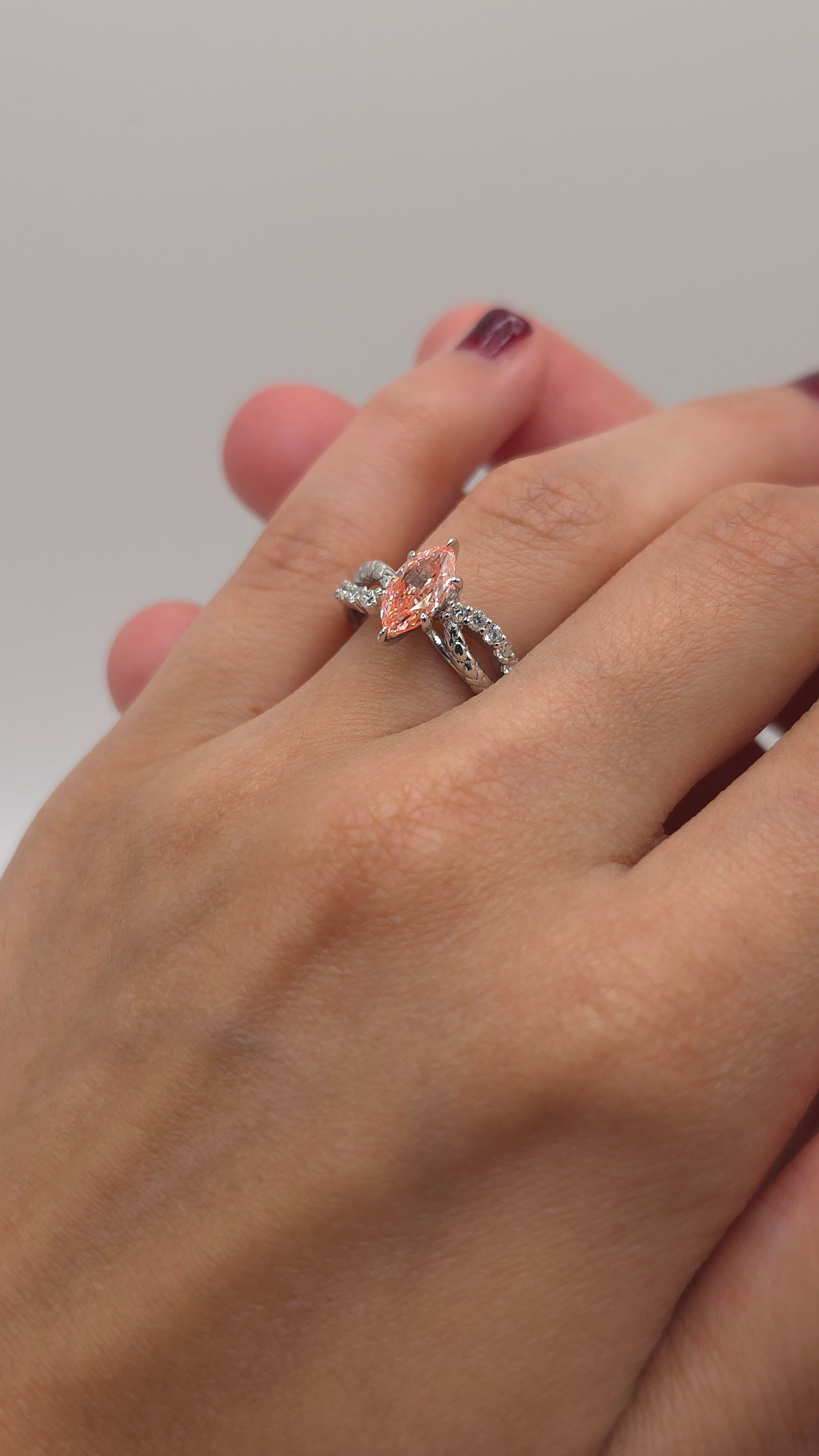 1.23 Ct Peach Pink Marquise Lab Diamond Engagement Ring with Twisted Pavé Band