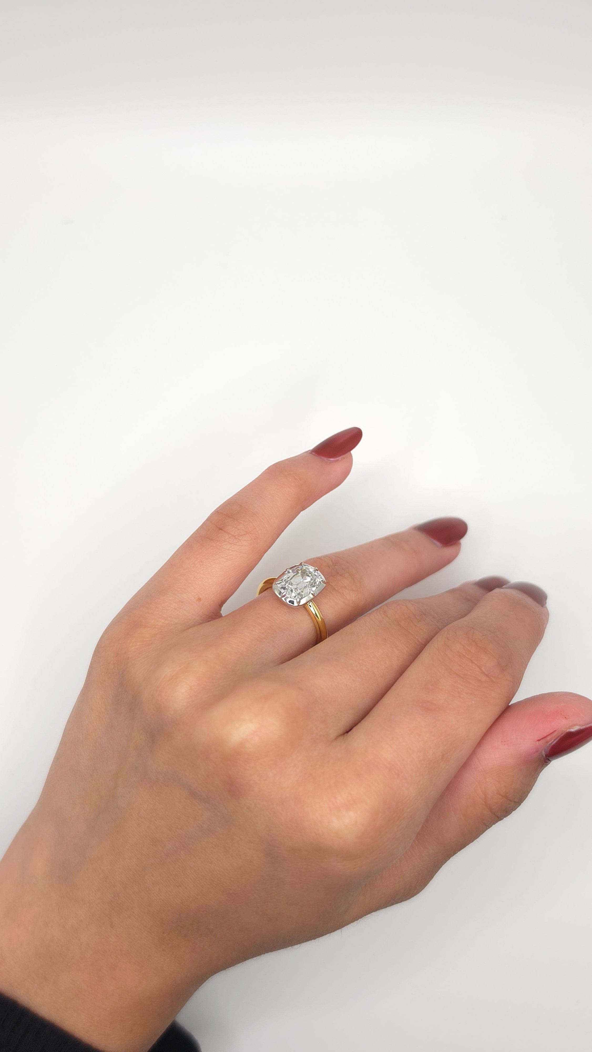 2.01 Ct 14K Yellow & White Gold Cushion Solitaire Ring with Full Bezel Setting