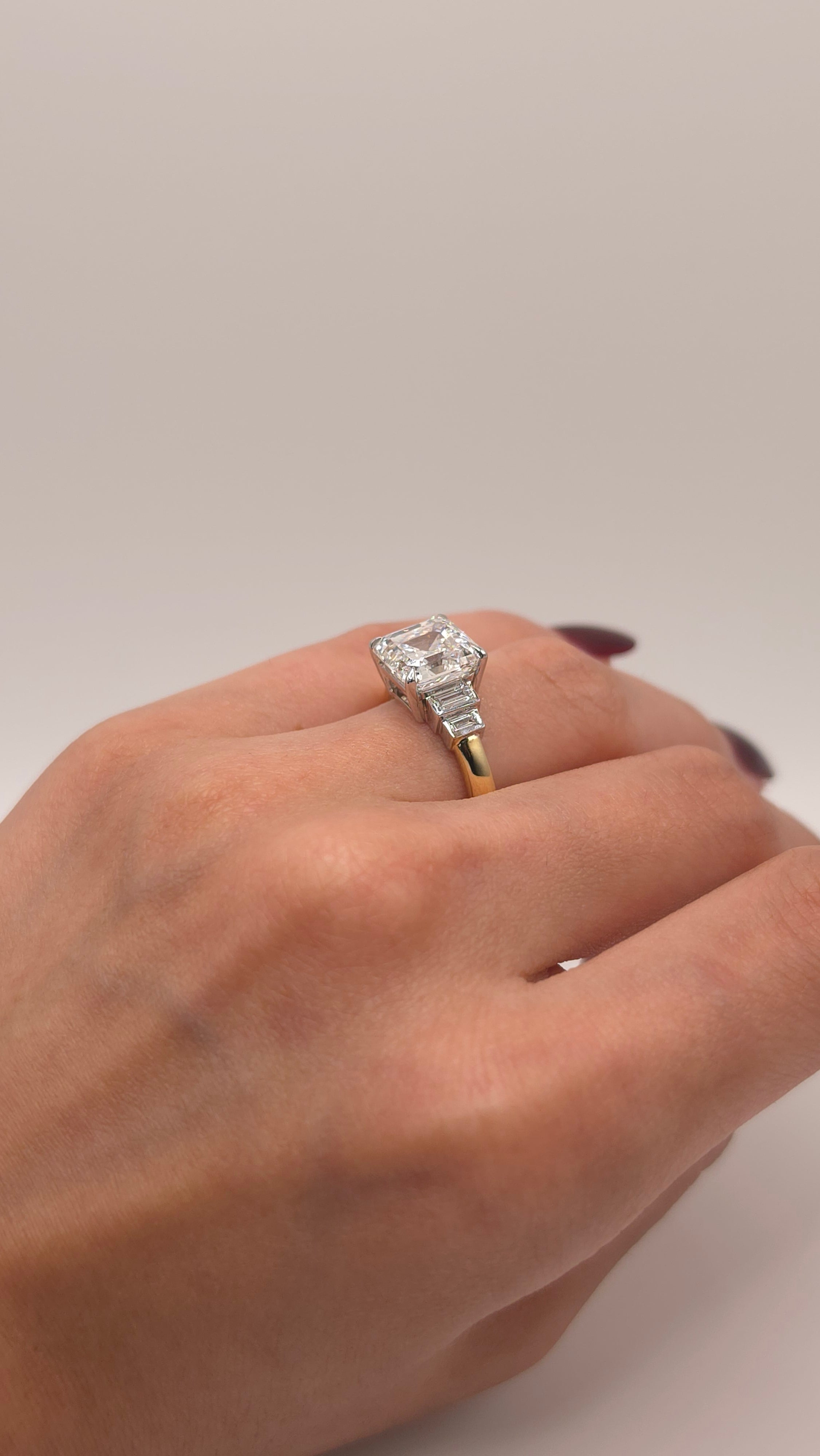 4.42 Ct 14K Yellow & White Gold Asscher Cut Diamond Ring with Baguette Side Diamonds