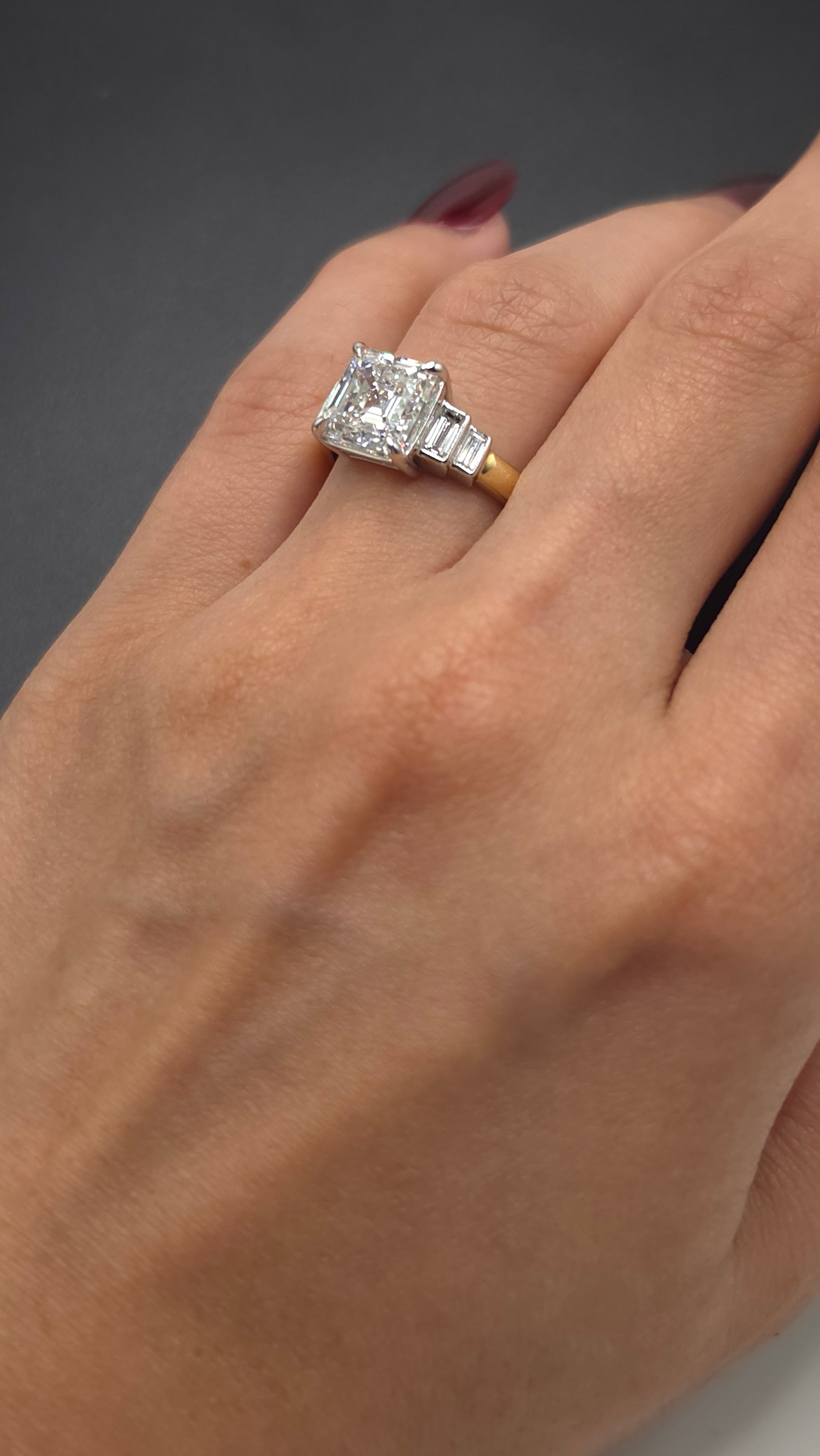 3.43 Ct 14K Yellow & White Gold Asscher Cut Diamond Ring with Baguette Side Diamonds