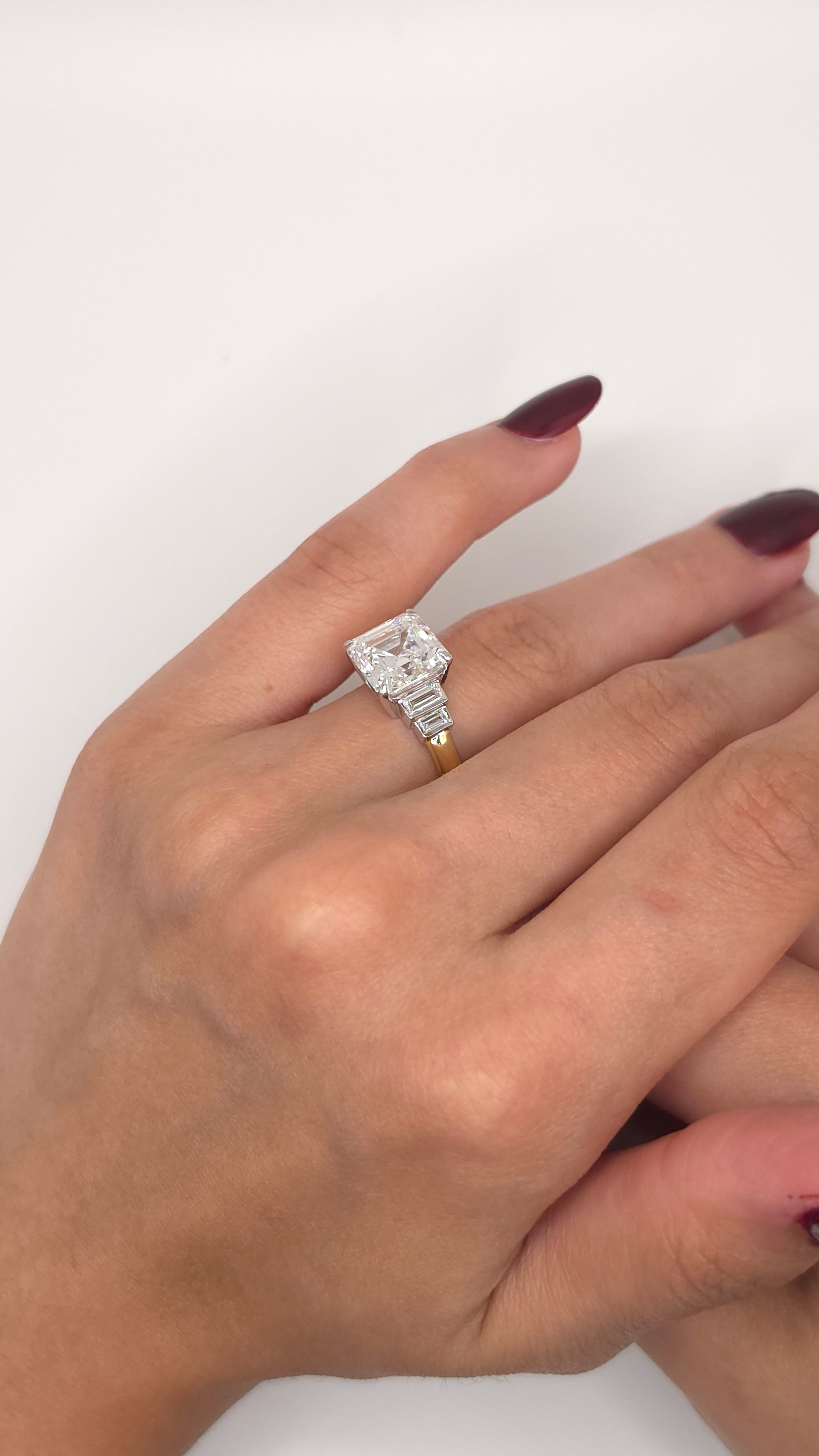 4.42 Ct 14K Yellow & White Gold Asscher Cut Diamond Ring with Baguette Side Diamonds