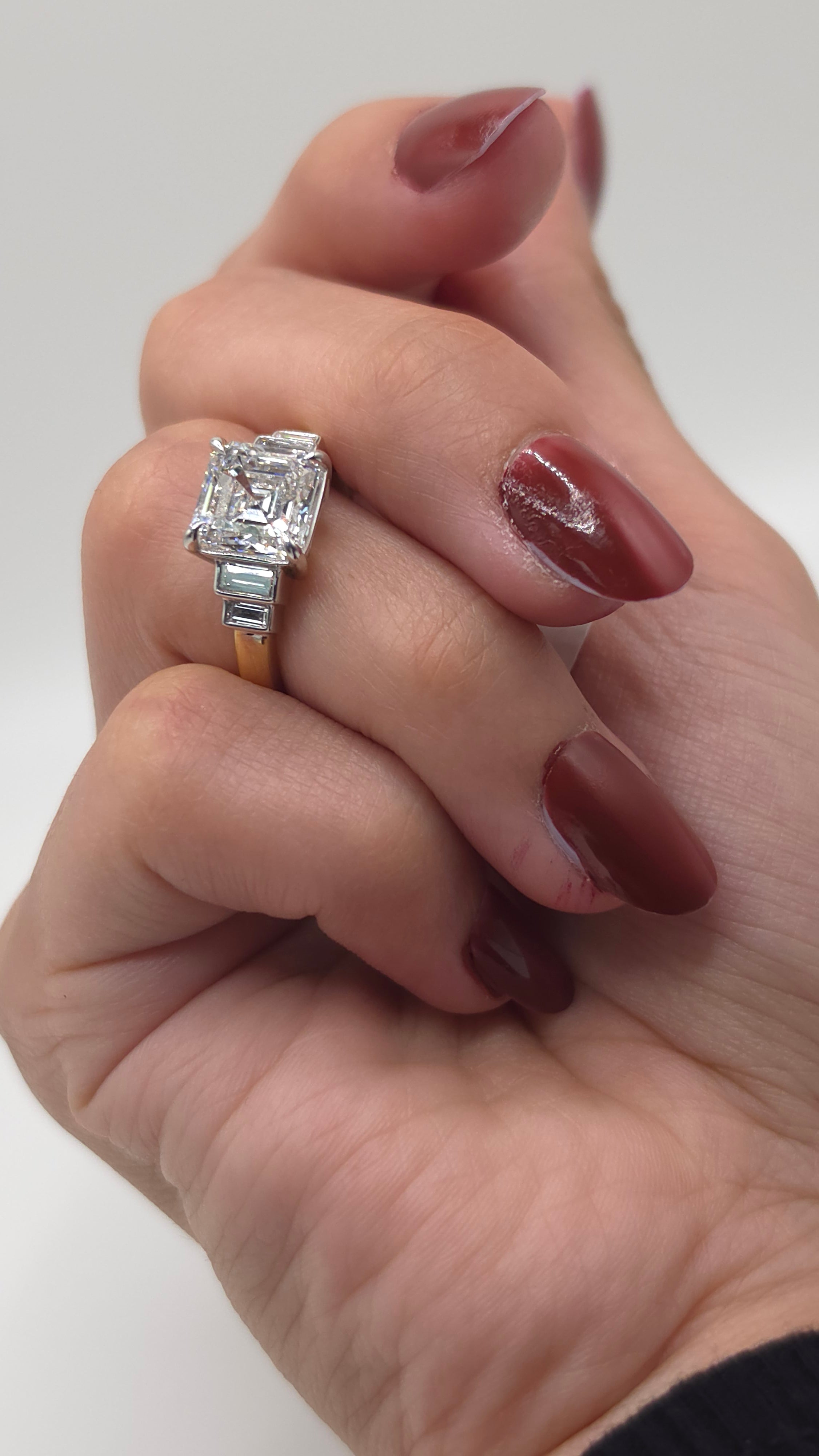 3.43 Ct 14K Yellow & White Gold Asscher Cut Diamond Ring with Baguette Side Diamonds