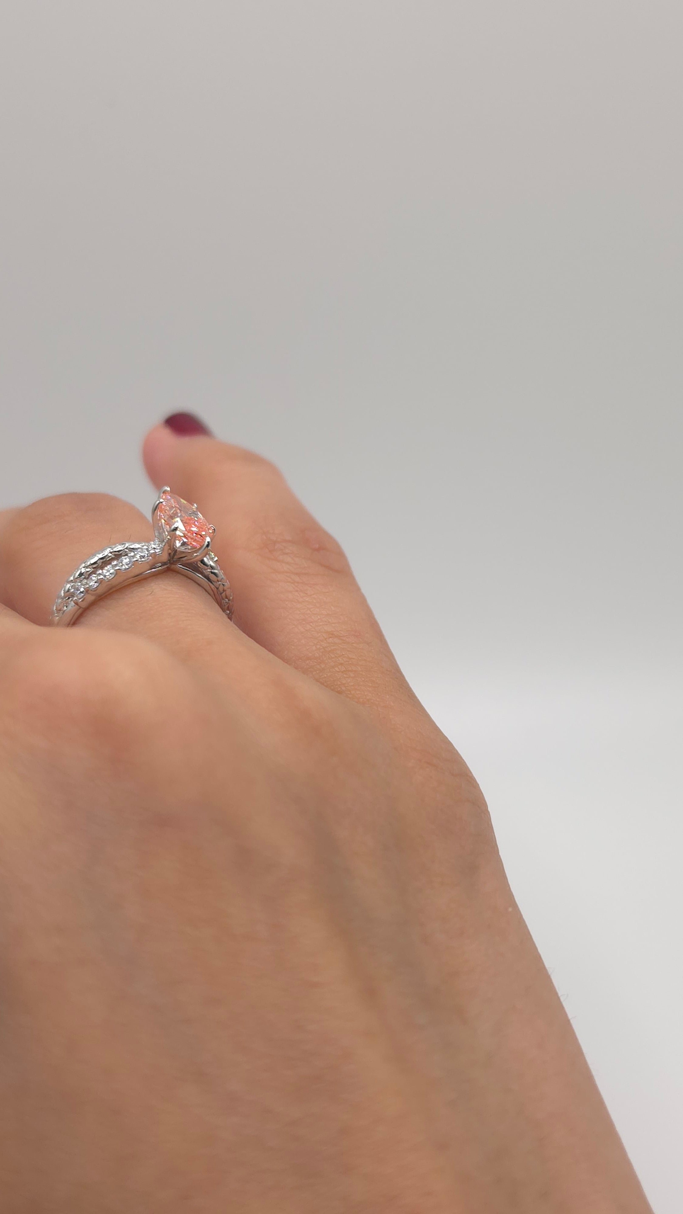 1.23 Ct Peach Pink Marquise Lab Diamond Engagement Ring with Twisted Pavé Band