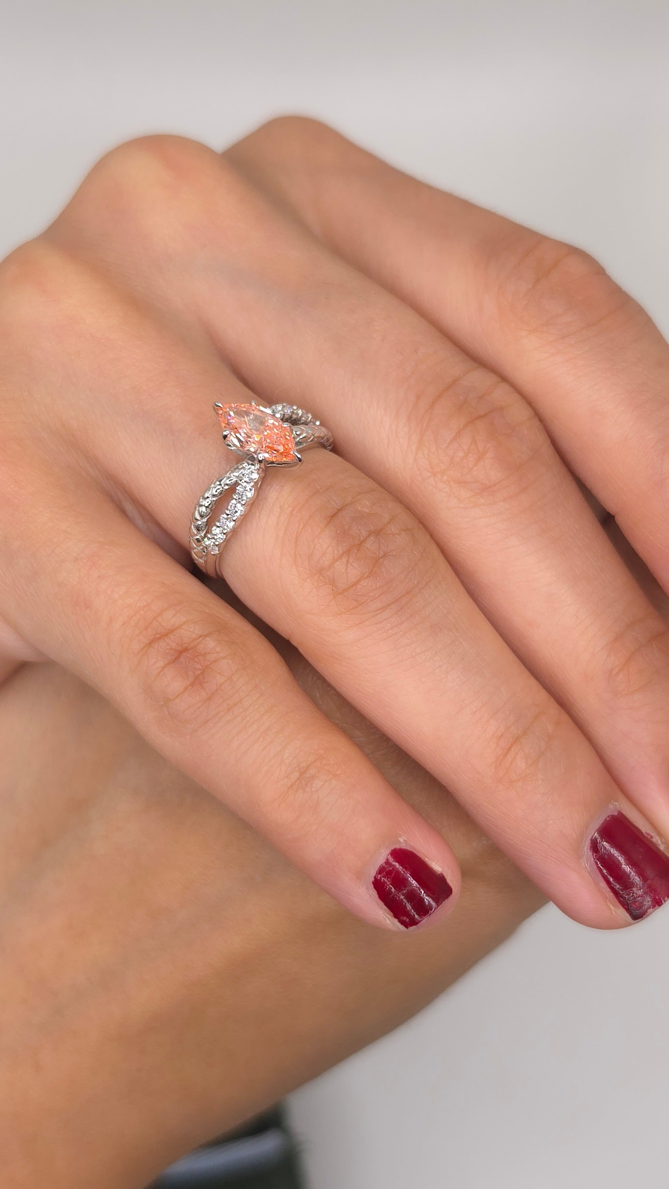 1.23 Ct Peach Pink Marquise Lab Diamond Engagement Ring with Twisted Pavé Band