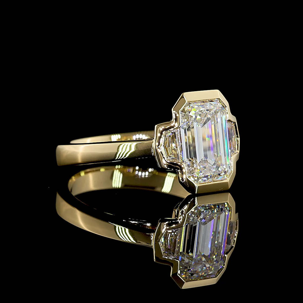 2.41 Cts 14K YELLOW GOLD Emerald Shape 3 Stones Ring