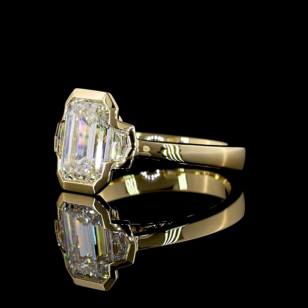 2.41 Cts 14K YELLOW GOLD Emerald Shape 3 Stones Ring