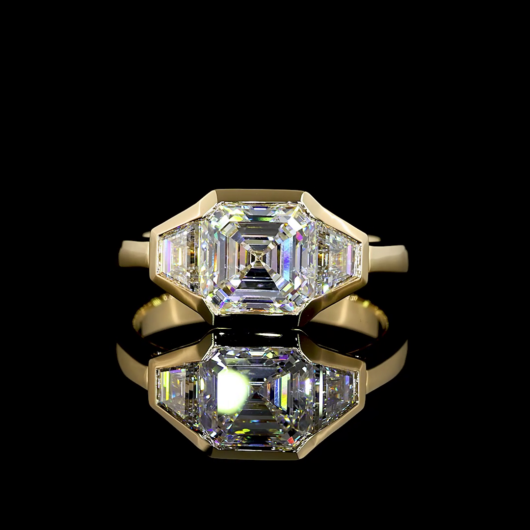 2.58 Cts 14K YELLOW GOLD Asscher Shape 3 Stones Ring