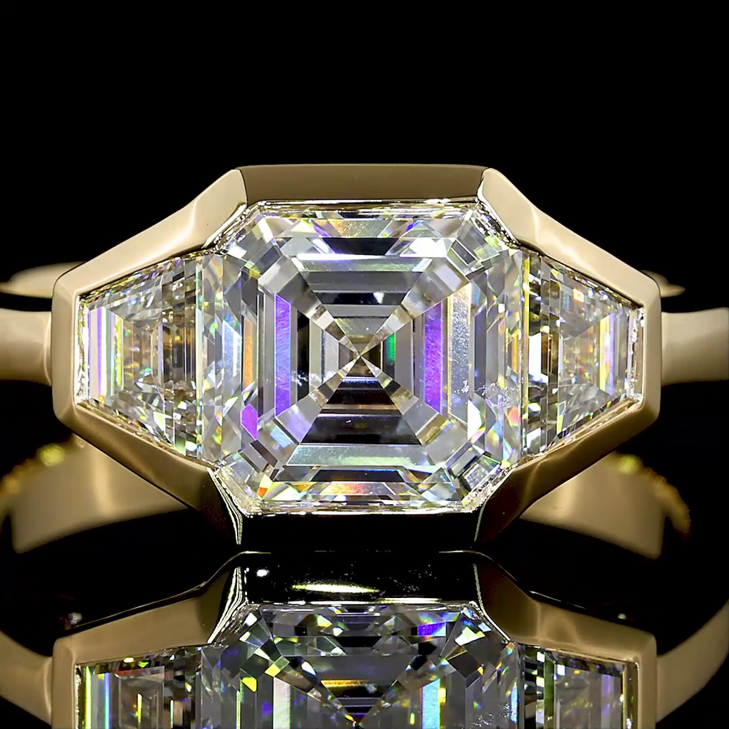 2.58 Cts 14K YELLOW GOLD Asscher Shape 3 Stones Ring