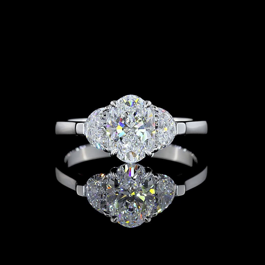 1.53 Ct Oval Cut Three Stone Diamond Engagement Ring with Half Moon Shape Diamond