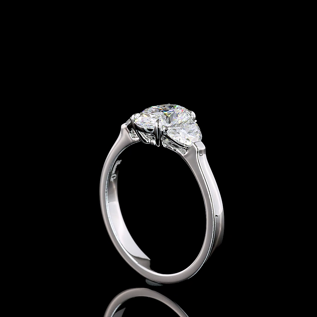 1.53 Ct Oval Cut Three Stone Diamond Engagement Ring with Half Moon Shape Diamond