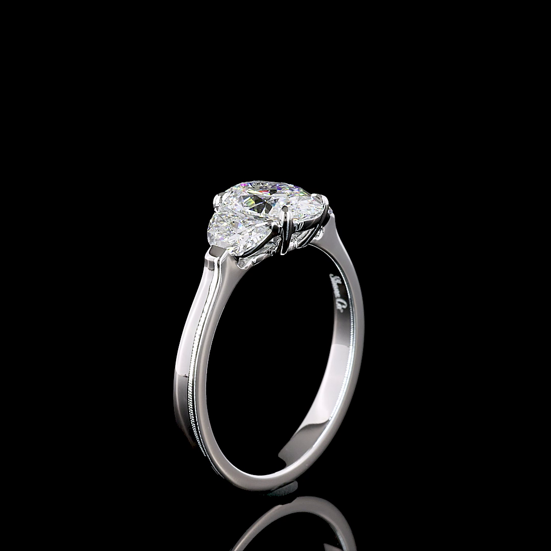 1.53 Ct Oval Cut Three Stone Diamond Engagement Ring with Half Moon Shape Diamond