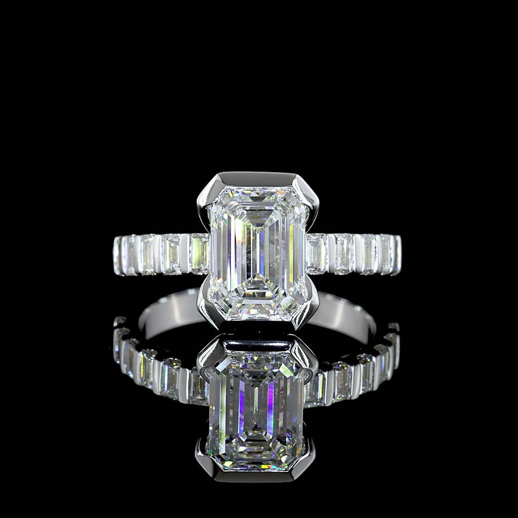 2.74 Cts 14K WHITE GOLD Emerald Shape Hidden Halo Ring
