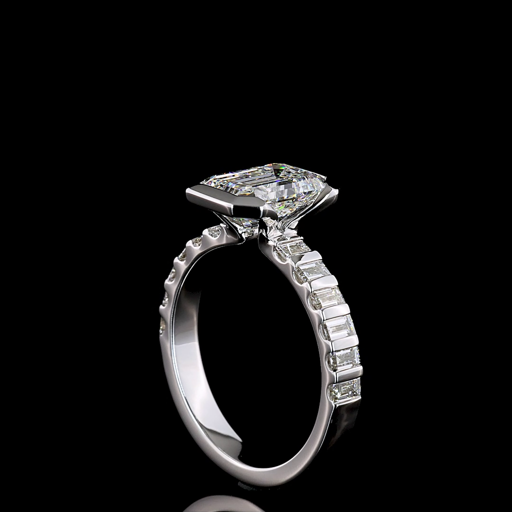 2.74 Cts 14K WHITE GOLD Emerald Shape Hidden Halo Ring