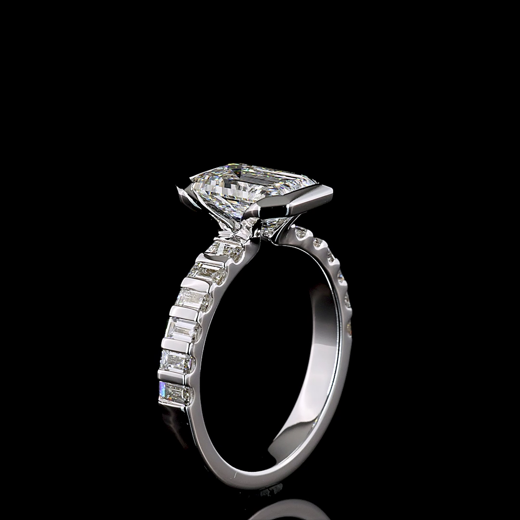 2.74 Cts 14K WHITE GOLD Emerald Shape Hidden Halo Ring