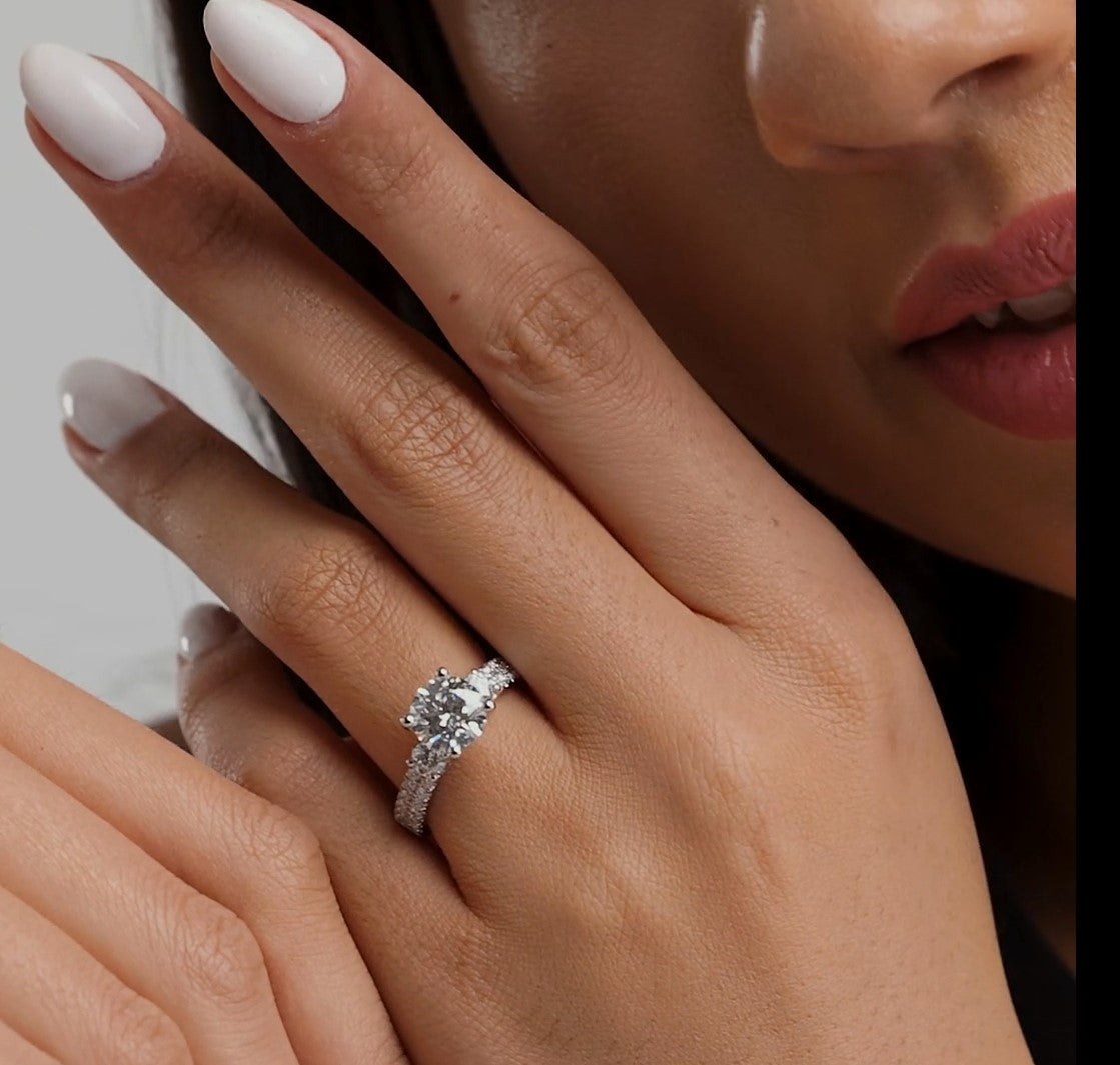 3.00 Ctw Round Lab Grown Diamond Engagement Ring with Double Row Side