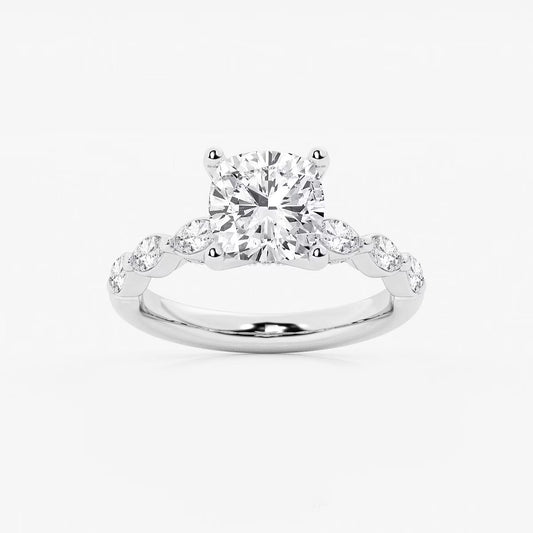 2.50 Cushion Lab Grown Diamond Engagement Ring with Floating Marquise Side Accents