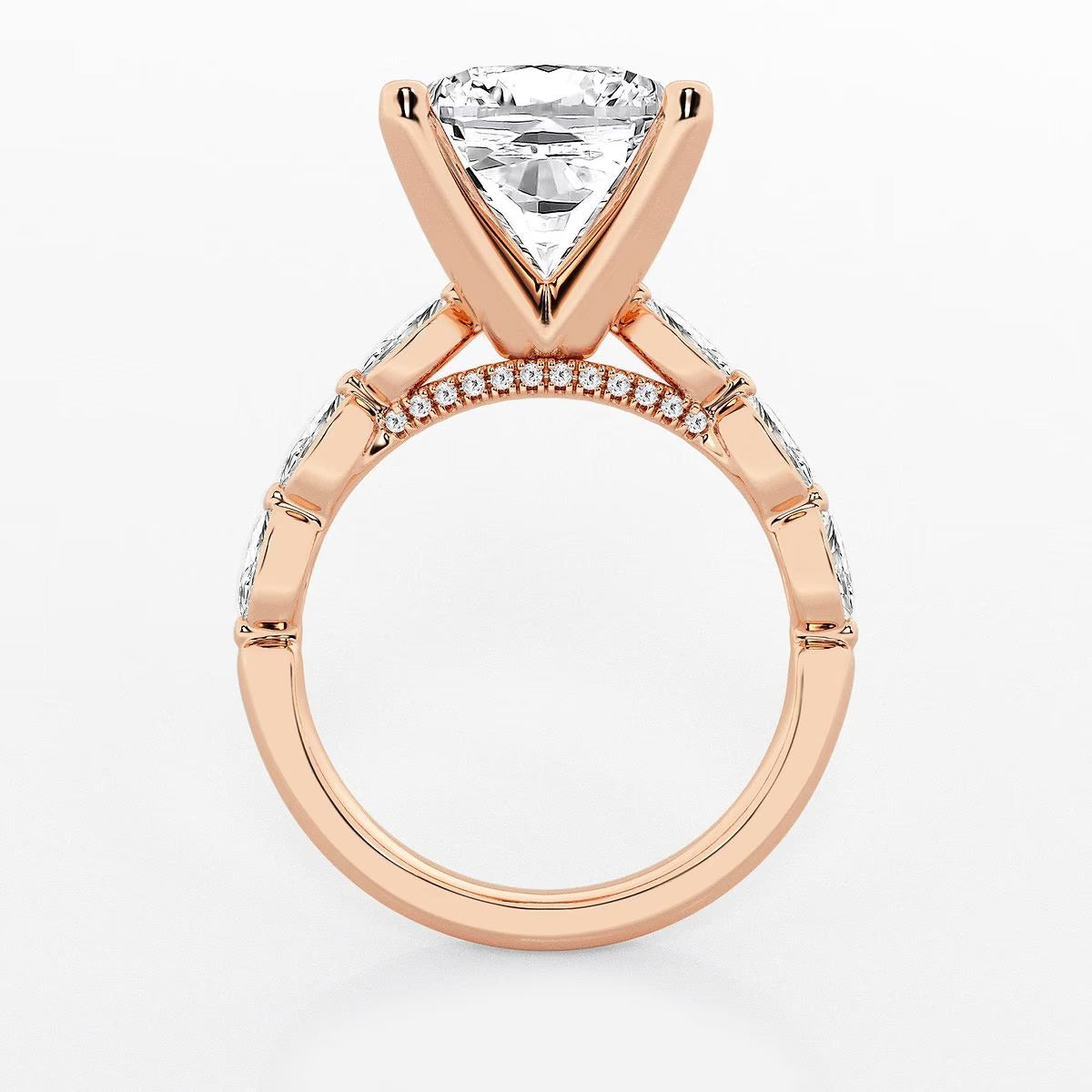 6.50 Cushion Lab Grown Diamond Engagement Ring with Floating Marquise Side Accents