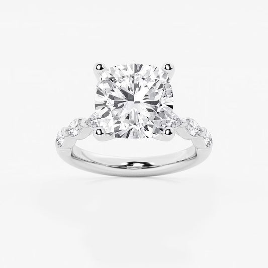 6.50 Cushion Lab Grown Diamond Engagement Ring with Floating Marquise Side Accents