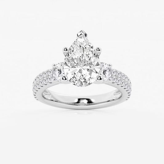4.00 Ctw Pear Lab Grown Diamond Engagement Ring with Double Row Side