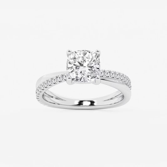 2.30 Ct Cushion Lab Grown Diamond Crossover Double Band Solitaire Engagement Ring with Side Accents