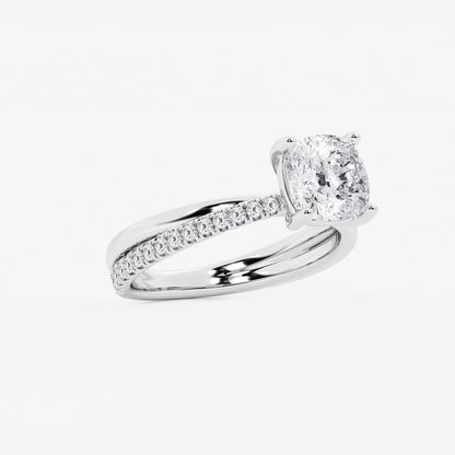 2.30 Ct Cushion Lab Grown Diamond Crossover Double Band Solitaire Engagement Ring with Side Accents