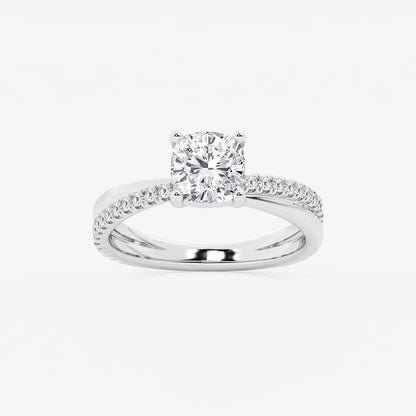 1.80 Ct Cushion Lab Grown Diamond Crossover Double Band Solitaire Engagement Ring with Side Accents