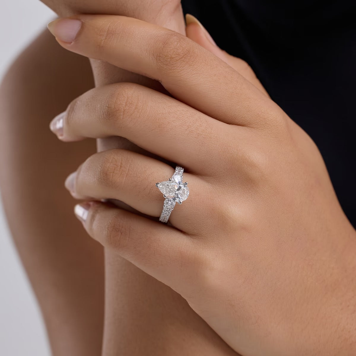 3.00 Ctw Pear Lab Grown Diamond Engagement Ring with Double Row Side