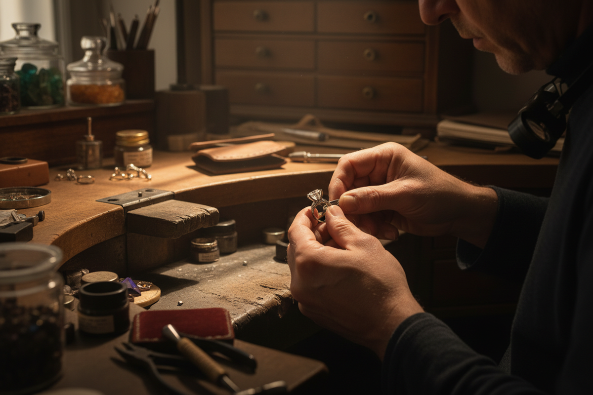 A high-quality artistic photograph of a jewelry artisan crafting a lab-grown diamond ring. Soft warm lighting, cinematic shadows, hands working with precision tools, fine metalwork details, diamond placed delicately. Background slightly blurred for depth. Mood: craftsmanship, heritage, authenticity. Premium jewelry workshop aesthetic, 8K detail, luxury editorial photography style.
