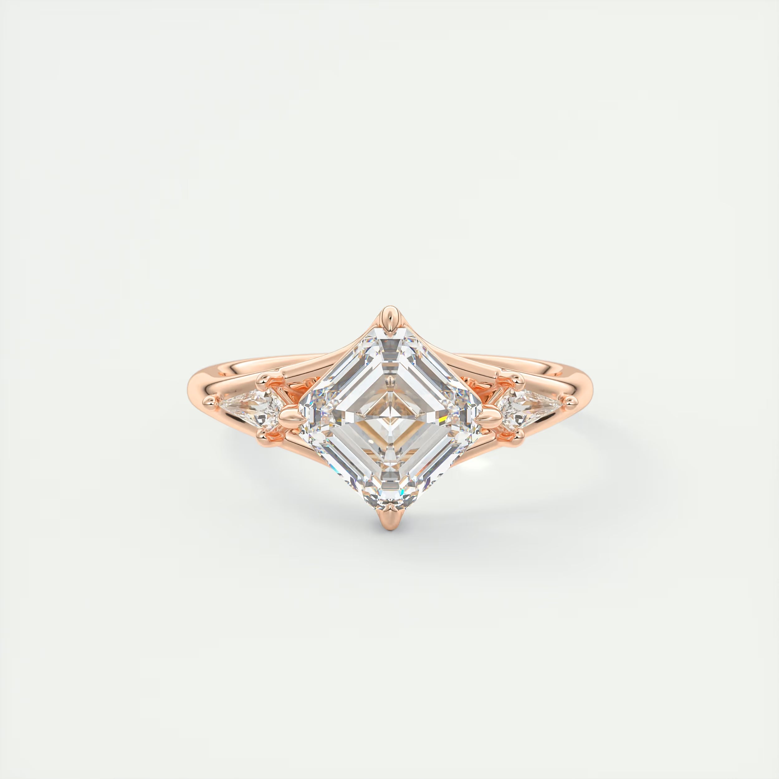 3.00 Ct The Symphony Asscher & Side Stone Kites Split Shank Three Stone Engagement Rings