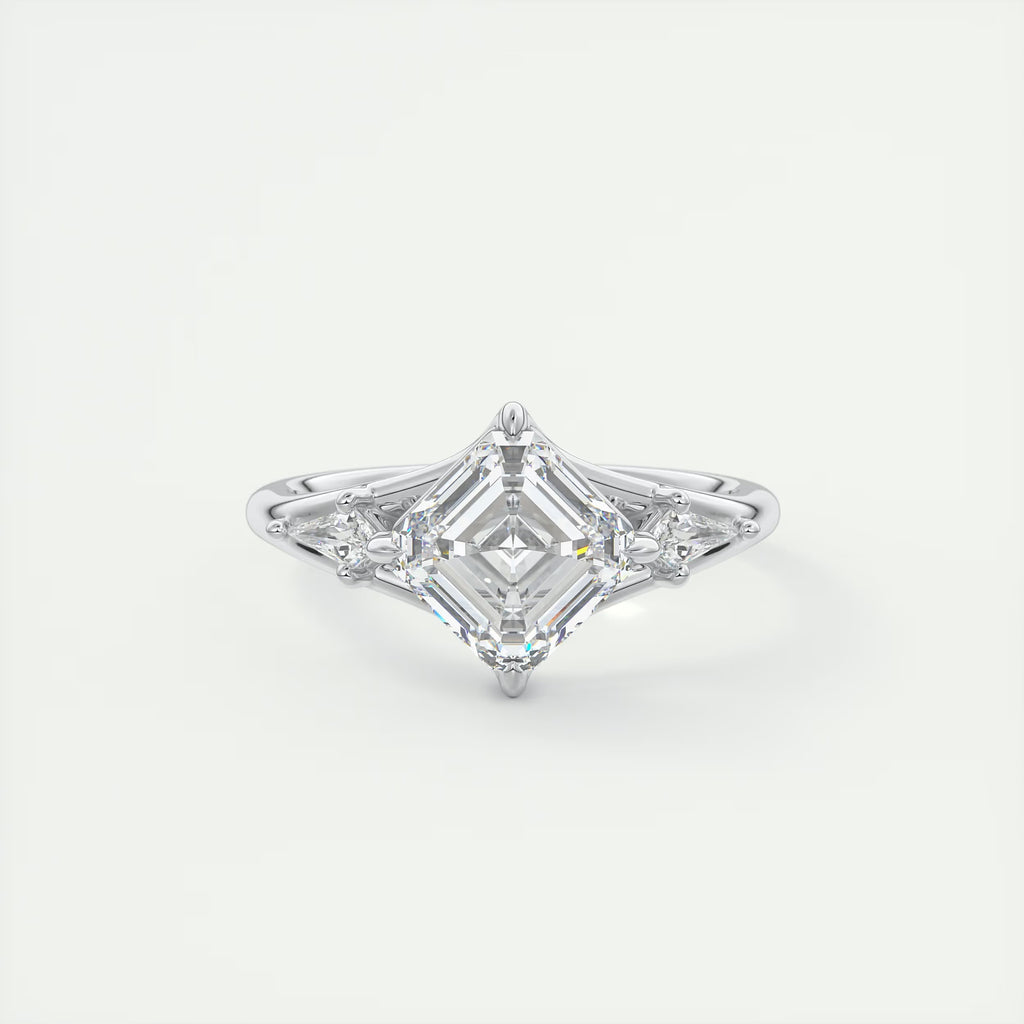 3.00 Ct The Symphony Asscher & Side Stone Kites Split Shank Three Stone Engagement Rings