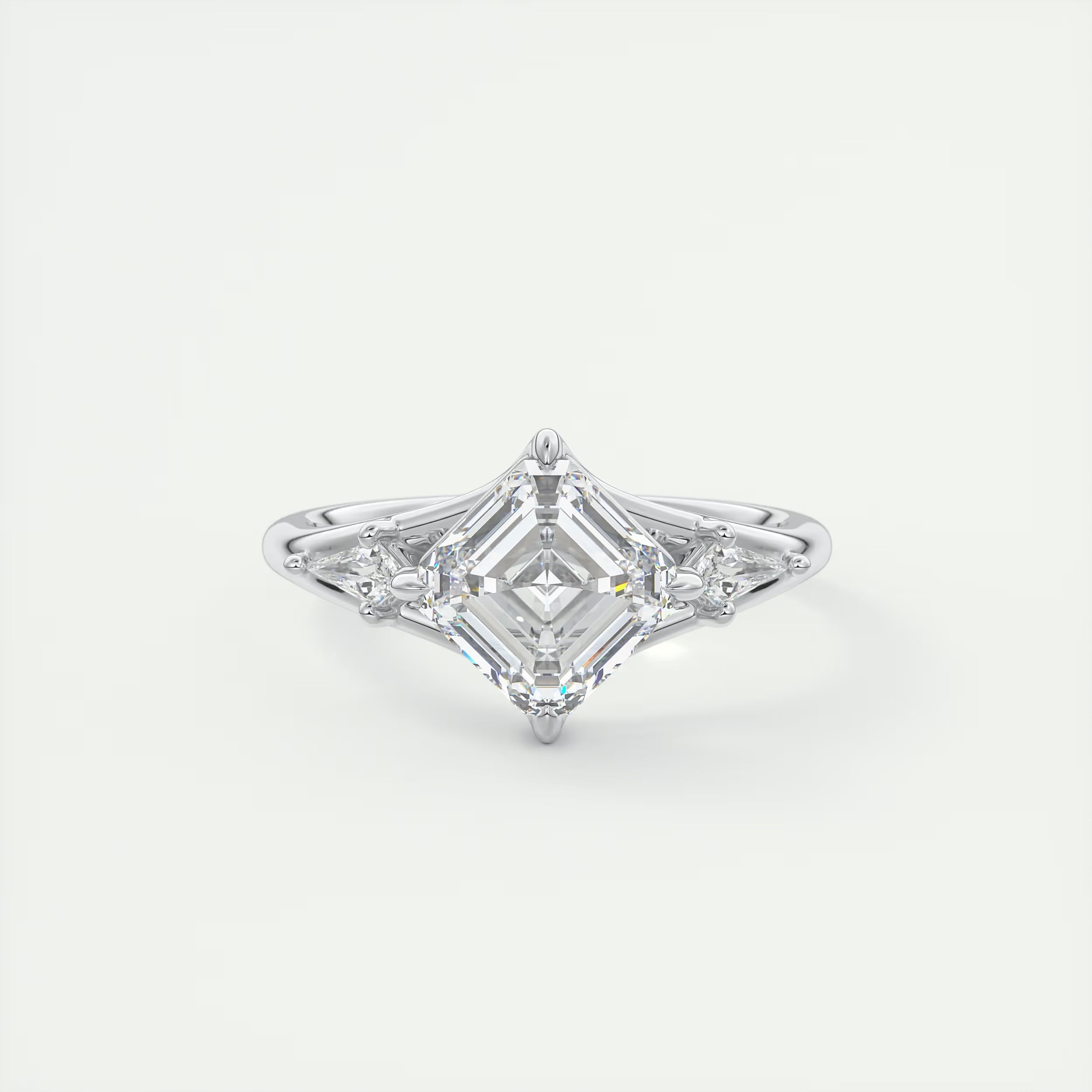 3.00 Ct The Symphony Asscher & Side Stone Kites Split Shank Three Stone Engagement Rings