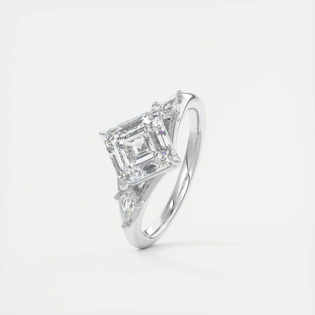 3.00 Ct The Symphony Asscher & Side Stone Kites Split Shank Three Stone Engagement Rings