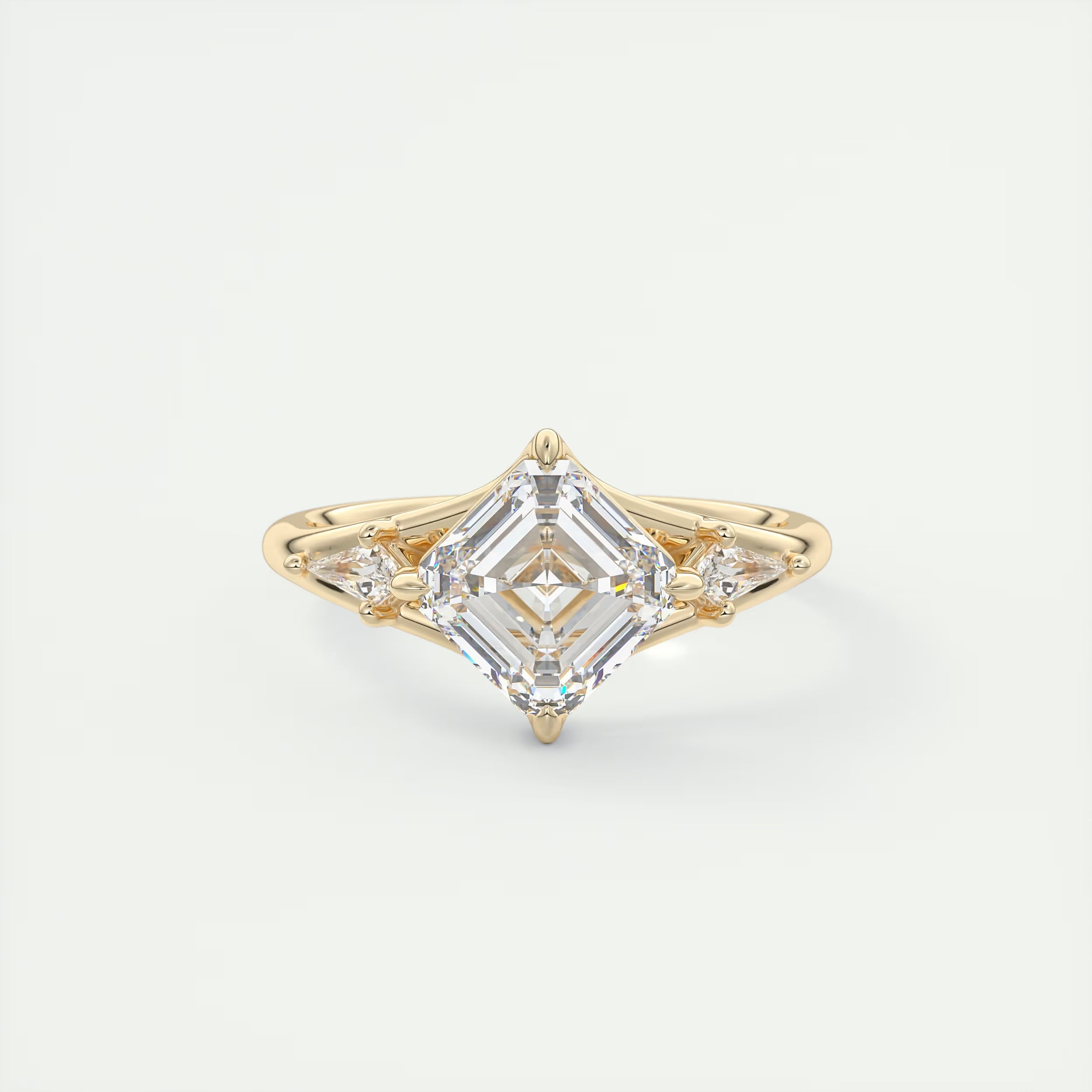 3.00 Ct The Symphony Asscher & Side Stone Kites Split Shank Three Stone Engagement Rings