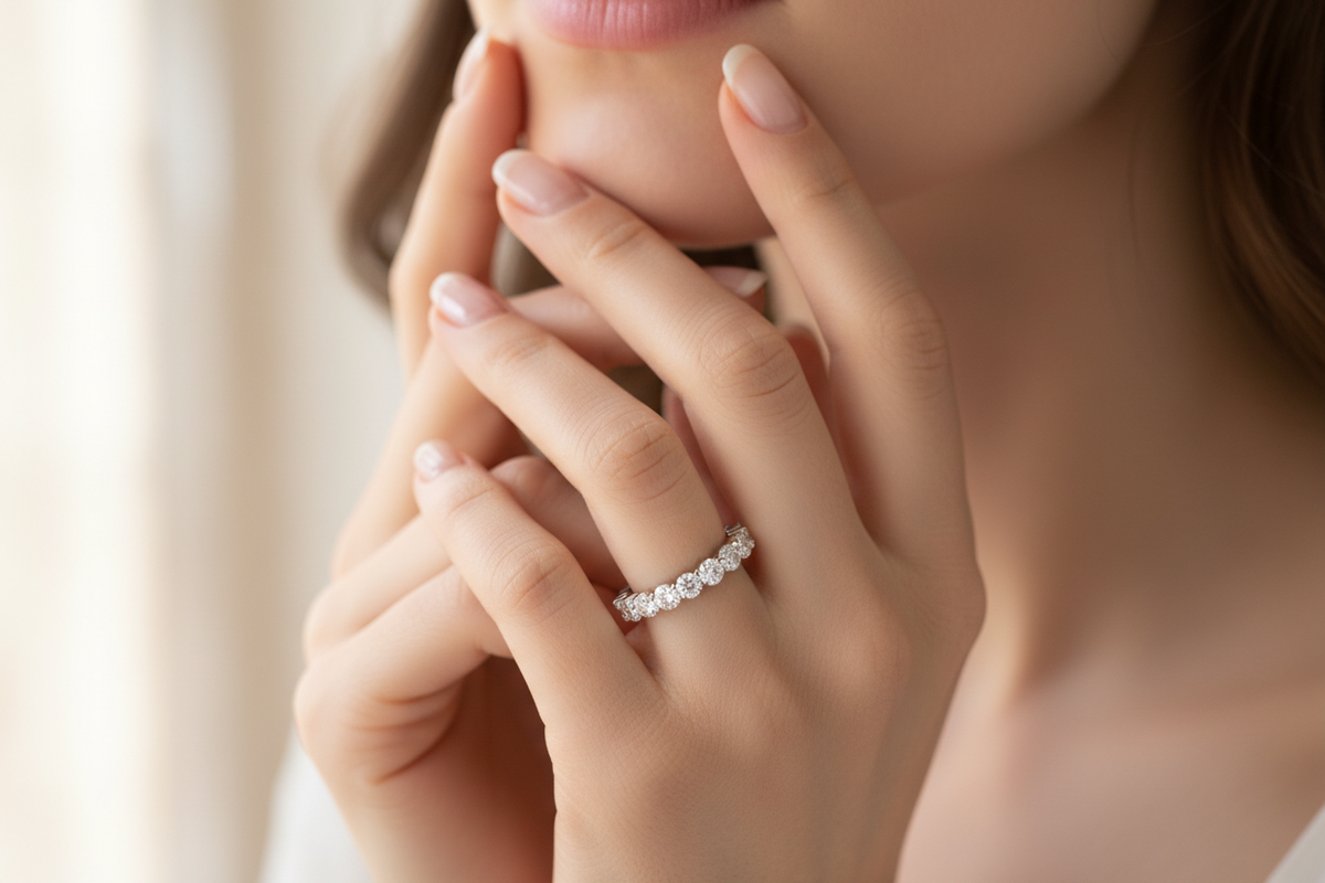 “Create a hyper-realistic close-up photo of a woman’s hand wearing a classic lab-grown diamond wedding band. The model should be an elegant American/European woman with naturally manicured nails. The band should be a full-eternity design with sparkling round diamonds. Capture the hand gently touching her face or hair in a soft candid pose. Background should be premium, softly blurred, with natural daylight tones. Jewelry must look crisp, high-quality, and studio-shot level. No text, no watermark, no brandin