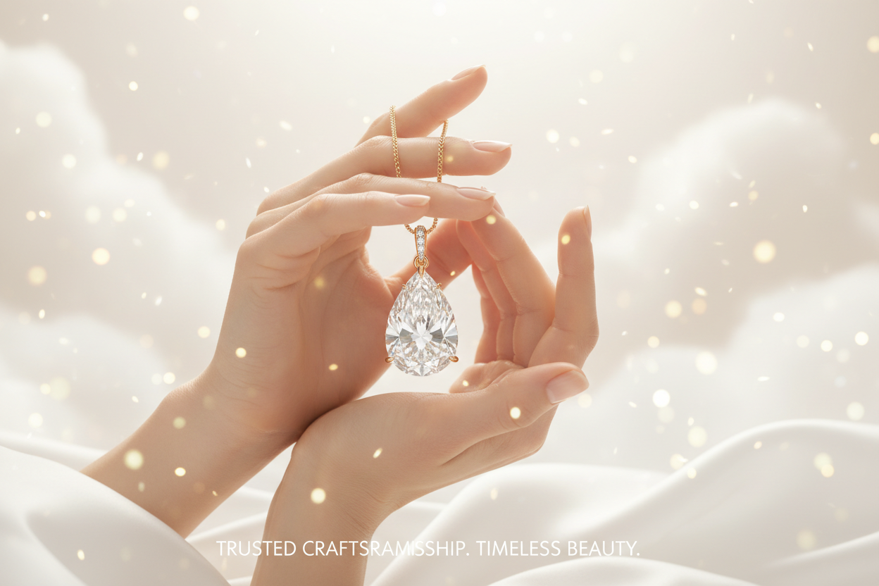 Create a luxury About Us hero banner for Infinity Fine Jewelry. Show an elegant, soft-focus visual of a woman’s hands gently holding a sparkling lab-grown diamond piece, symbolizing trust, craftsmanship, and timeless beauty. Background should be minimal, bright, and airy with soft white-gold tones and delicate bokeh. Include subtle glowing particles to reflect purity and brilliance. Mood: emotional, premium, elegant storytelling. High-end luxury jewelry editorial photography, 8K clarity, refined light, soft