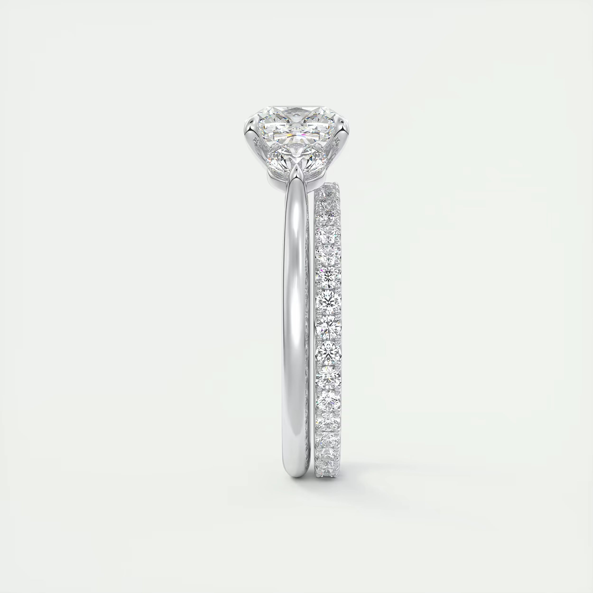 2.50 Ct The Cathedral Three Center Stone Cushion & Side Stone Round Engagement Ring