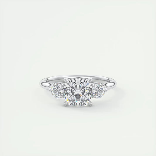 2.50 Ct The Cathedral Three Stone Cushion & Side Stone Round Engagement Ring