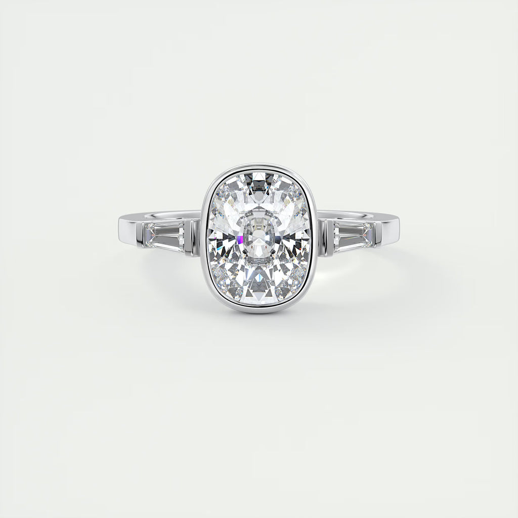 2.30 Ct Lowrider Center Stone Cushion & Side Stone Bagutte Engagement Ring