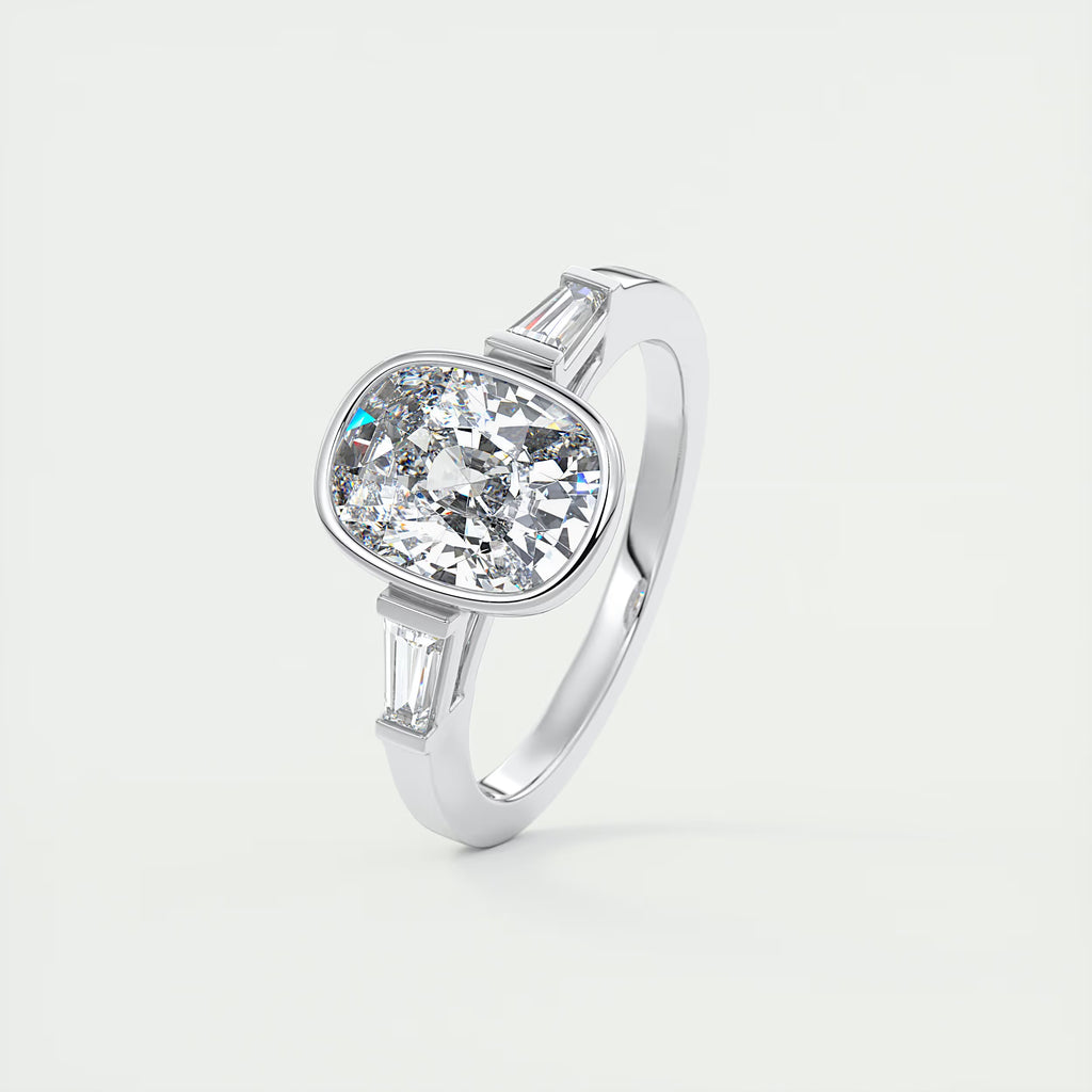 2.30 Ct Lowrider Center Stone Cushion & Side Stone Bagutte Engagement Ring