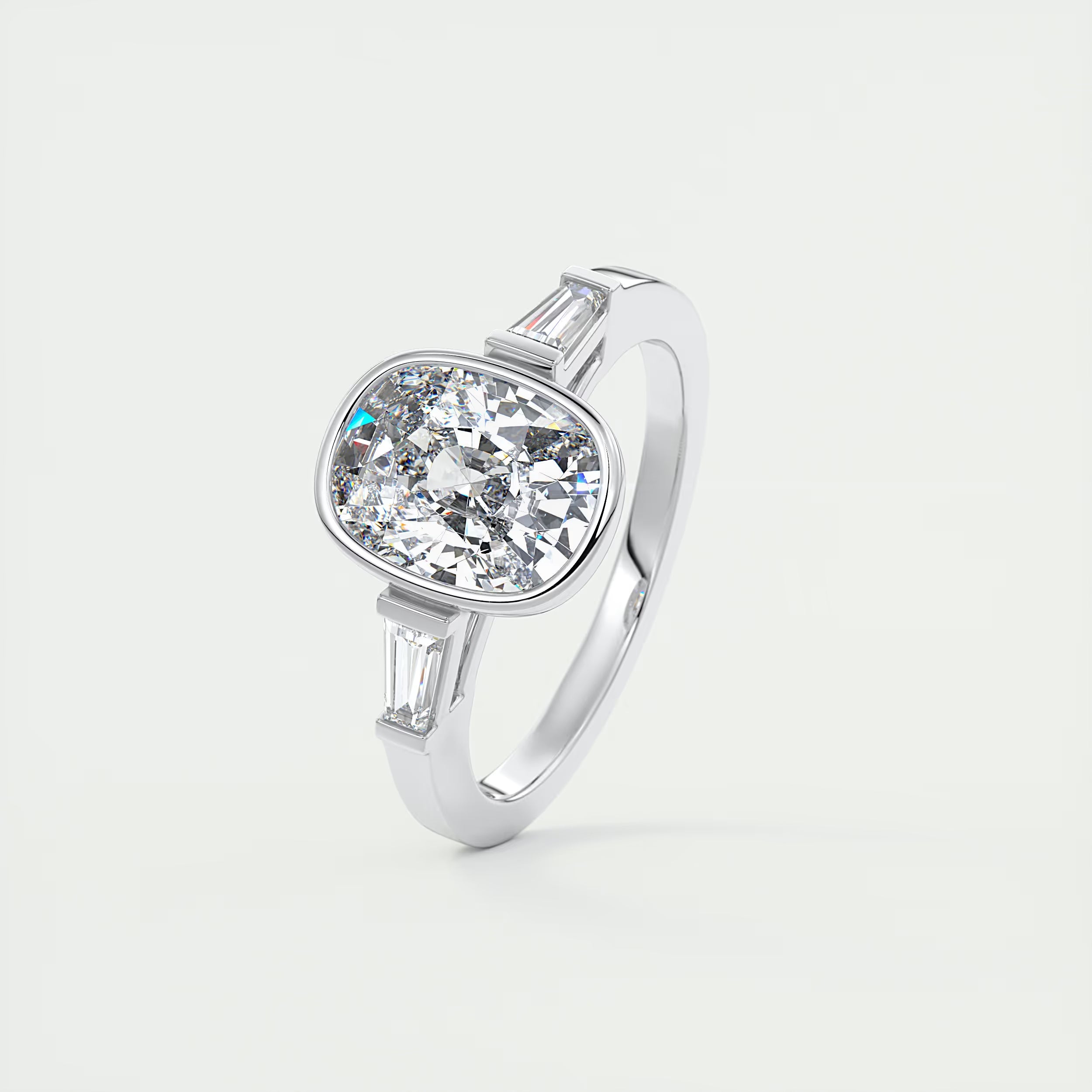 2.30 Ct Lowrider Center Stone Cushion & Side Stone Bagutte Engagement Ring